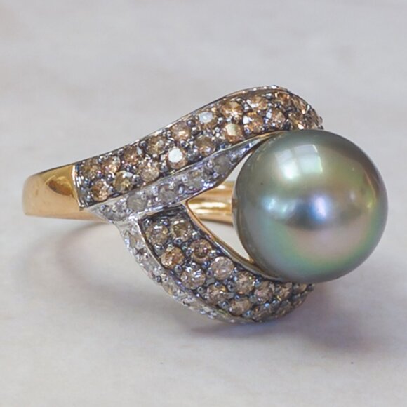 14k Yellow Gold Tahitian Pearl & Champagne Diamond Pavé Bypass Ring — 10mm, sz 6 - Picture 6 of 9